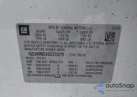 2016 Chevrolet Silverado 1500 2Lt из США, поврежденный, VIN 1GCVKRECXGZ372278